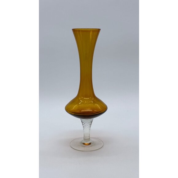 Two Vintage Retro Hand Blown Amber Glass Pedestal Vases - Picture 12 of 16